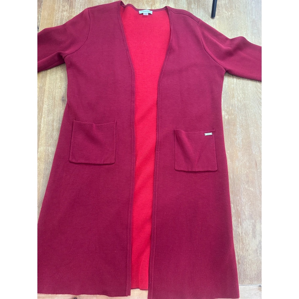 Calvin Klein Womens Red Burgundy Longline Open Front Cardigan Duster Sweater M